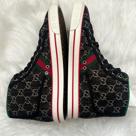 🆕💯% Auth Gucci Mens BLACK JACQUARD DENIM TENNIS 1977 HIGH-TOP SNEAKERS - Picture 8 of 15